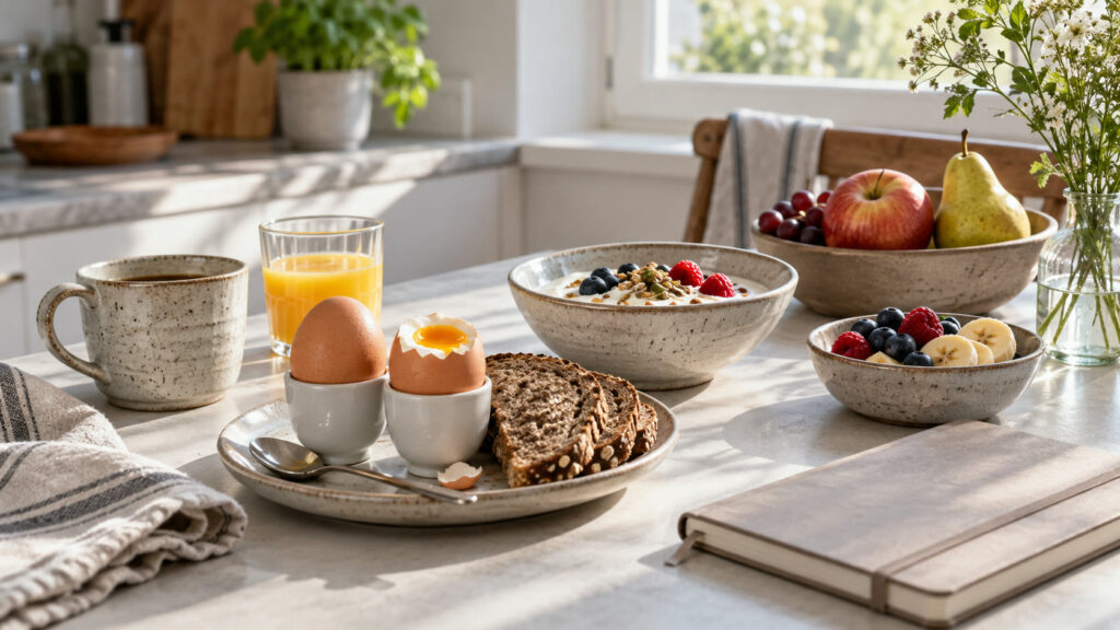 Frühstück mit Eiern, Joghurt und Vollkornbrot auf einem hellen Tisch