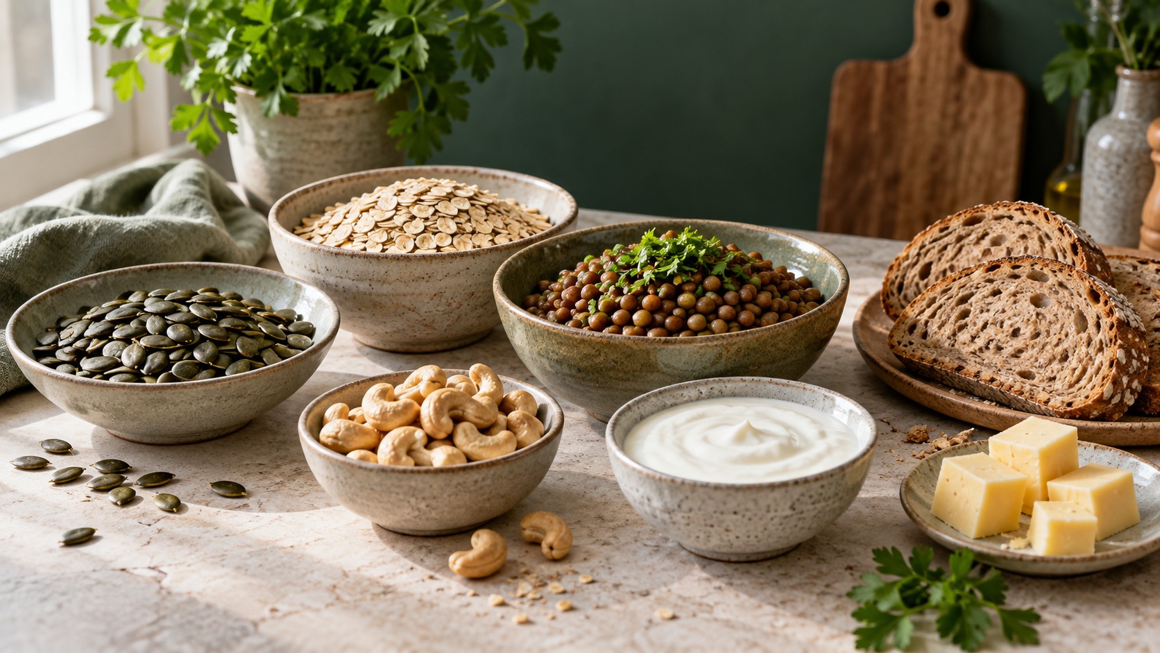 Zinkreiche Lebensmittel: Kürbiskerne, Haferflocken, Linsen, Cashews, Sauerteigbrot und Käse